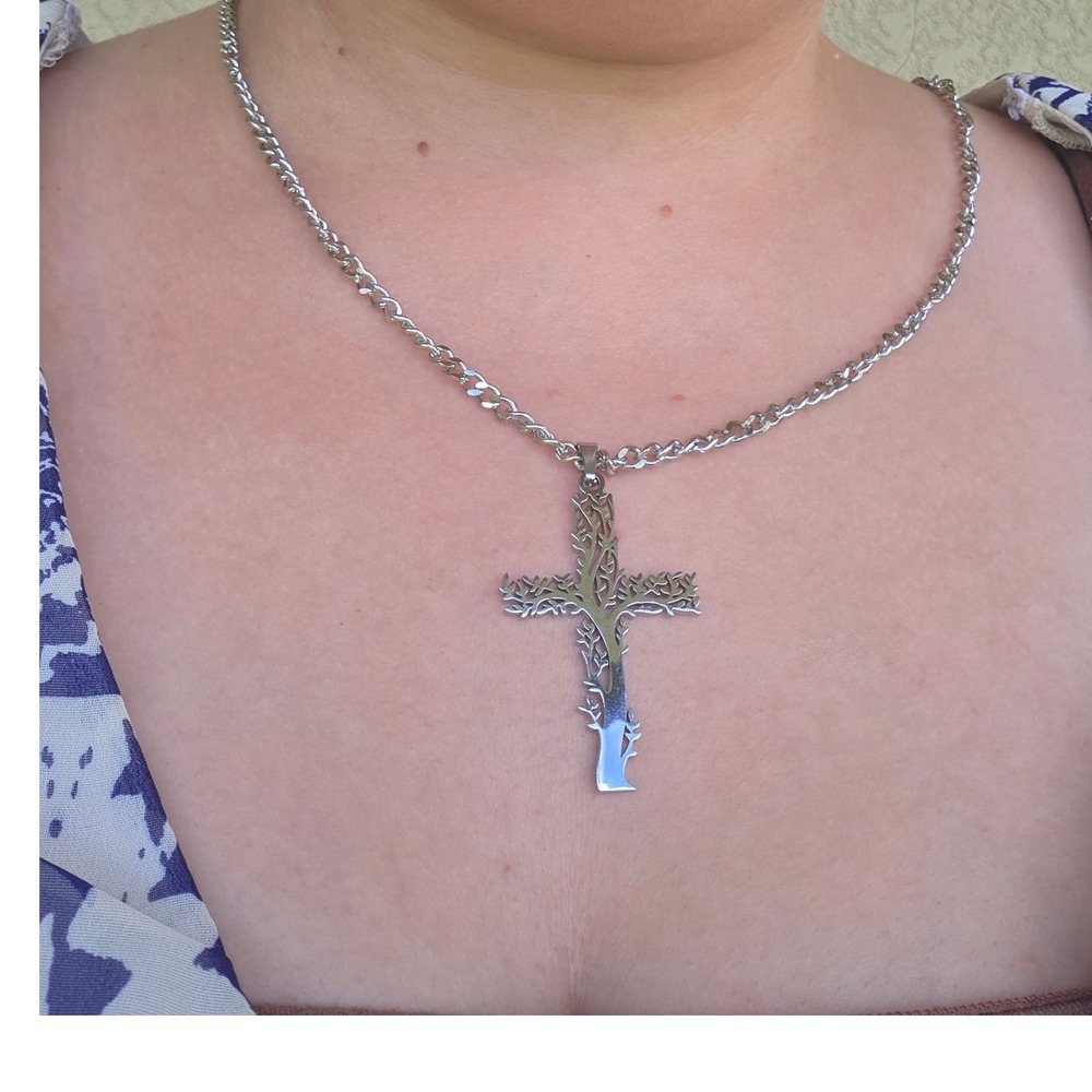 Tree of Life Cross Necklace Stainless Steel Silver Chain Religious Pendant